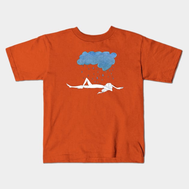 Natula In The Rain · girl laying peacefully beneath a blue storm cloud · simple drawing Kids T-Shirt by natashakolton